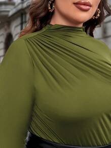 SHEIN Clasi Plus Mock Neck Ruched Tee - Army Green - View 6