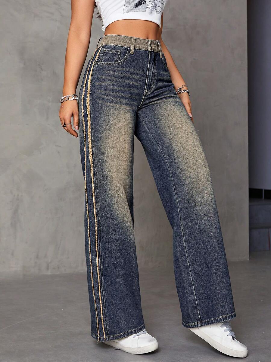 SHEIN ICON Contrast Tape Side Straight Leg Jeans - Dark Wash - View 1