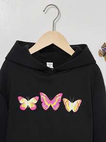 SHEIN Tween Girl Butterfly Print Crop Hooded Sweatshirt - Black - View 3