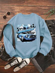 SHEIN EZwear Hơn Đồ họa ô tô và chữ cái Thả vai Áo nỉ - Màu xanh nhạt - Xem 4