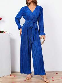SHEIN Clasi Lantern Sleeve Belted Wide Leg Jumpsuit - Blue - View 4