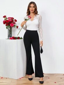 SHEIN Clasi 蕾絲插肩v領紋理t卹 - 白色 - 查看 6