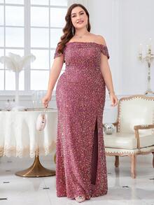 露肩鑲珠晚禮服 - 藕粉色 - 查看 3