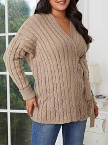 SHEIN Frenchy Kích thước lớn Bên Knotted Áo len Mở - Màu Khaki - Xem 5