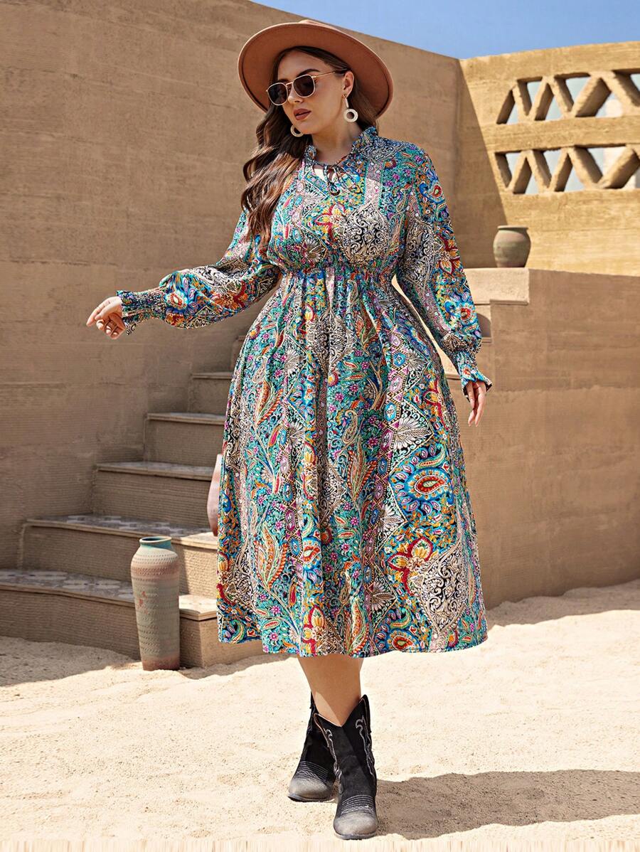SHEIN VCAY Plus Paisley Print Flounce Sleeve Dress - Multicolor - View 1