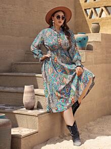 SHEIN VCAY Plus Paisley Print Flounce Sleeve Dress - Multicolor - View 3