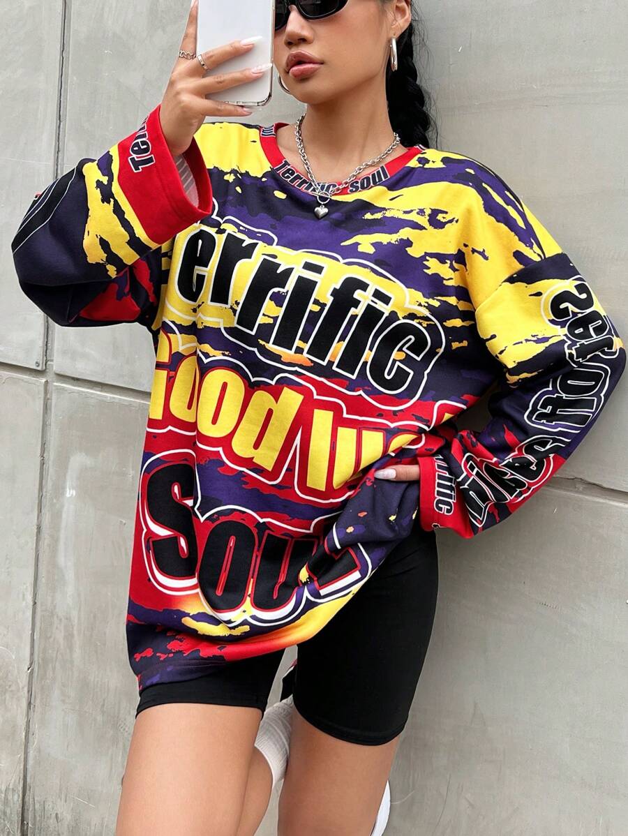 SHEIN Coolane 全印花落肩 T 卹 - 紅色 - 查看 1