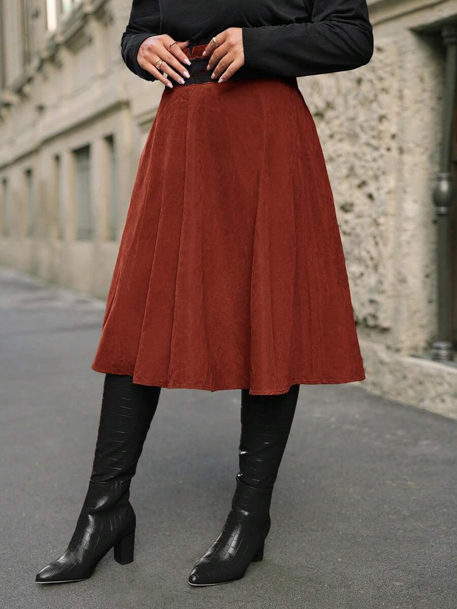 SHEIN Frenchy 大碼腰部拼接蕾絲半身裙 - 鏽棕色 - 查看 1