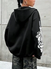 SHEIN EZwear 女士字母印花拉鍊前開帽衫 - 黑色 - 查看 2