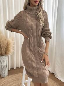SHEIN Frenchy Turtleneck Cable Knit Drop Shoulder Sweater Dress Without Belt - Khaki - View 4