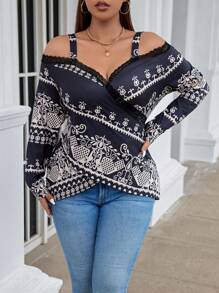 Calvaya 大码女式无袖露肩长袖印花蕾丝拼布裹身休闲 T 恤 - 彩色 - 查看 3