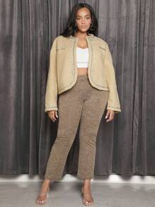 SHEIN SXY 大碼拼接邊落肩袖毛絨夾克