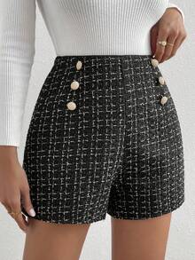 SHEIN Frenchy 格紋圖案假鈕扣粗花呢短褲 - 黑色 - 查看 3