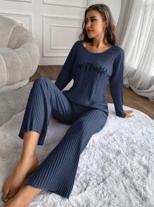 EURMUSE Women's Text Print Ribbed Knit Lounge Wear Set - Blue - View 6