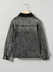 SHEIN Cậu bé Tween Túi có nắp Lót Teddy Áo khoác denim Without Tee - màu đen - Xem 2