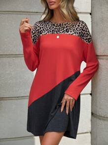 SHEIN LUNE 女士豹紋拼色蝙蝠袖連衣裙 - 彩色 - 查看 1
