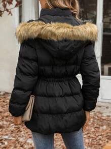 SHEIN LUNE 抽绳腰部毛绒装饰连帽加厚棉服外套冬季 - 黑色 - 查看 2