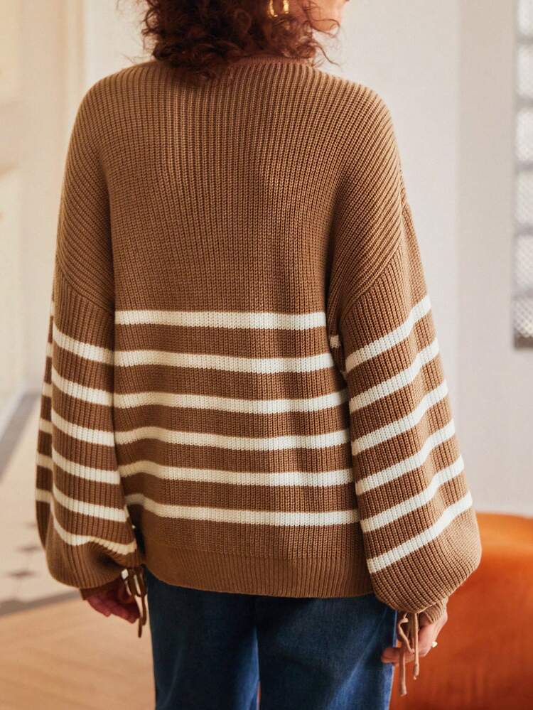 Women'S Striped Drop Shoulder Sweater Winter Brown Casual