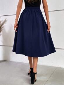 Ellevyn Button Detail Fold Pleated Detail Flare Skirt - Navy Blue - View 5