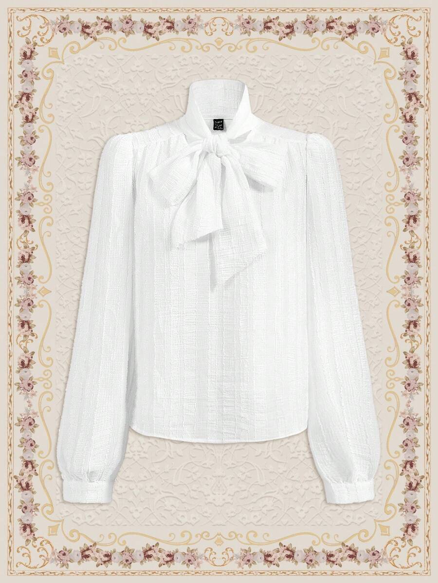 Vintamour Tie Neck Lantern Sleeve Blouse - White - View 1