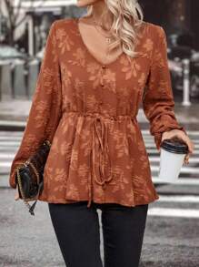 SHEIN Clasi 花卉印花腰間起皺襯衫 - 鏽棕色 - 查看 1