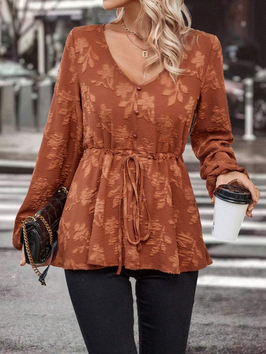 SHEIN Clasi 花卉印花腰間起皺襯衫 - 鏽棕色 - 查看 1