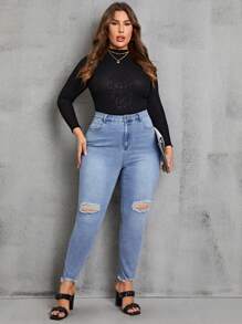 SHEIN Privé Hơn Rách Cắt Thô Quần jean ôm - Rửa nhẹ - Xem 5