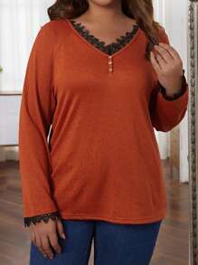 EMERY ROSE 大碼拼接水溶蕾絲邊緣T恤 - 亮橙色 - 查看 1