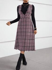 SHEIN Privé 格紋印花毛邊緣背帶洋裝不帶T恤 - 紅色 - 查看 4