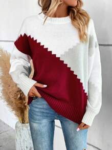 SHEIN LUNE Suéter de punto con hombros caídos y bloques de color para otoño e invierno - Blanco - Ver 4