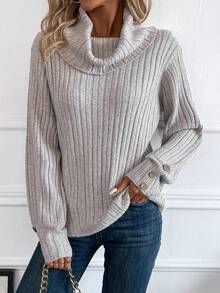 SHEIN LUNE Cổ bò Chi tiết Nút Đồ đan Ribbed Áo len - Lạc đà - Xem 3