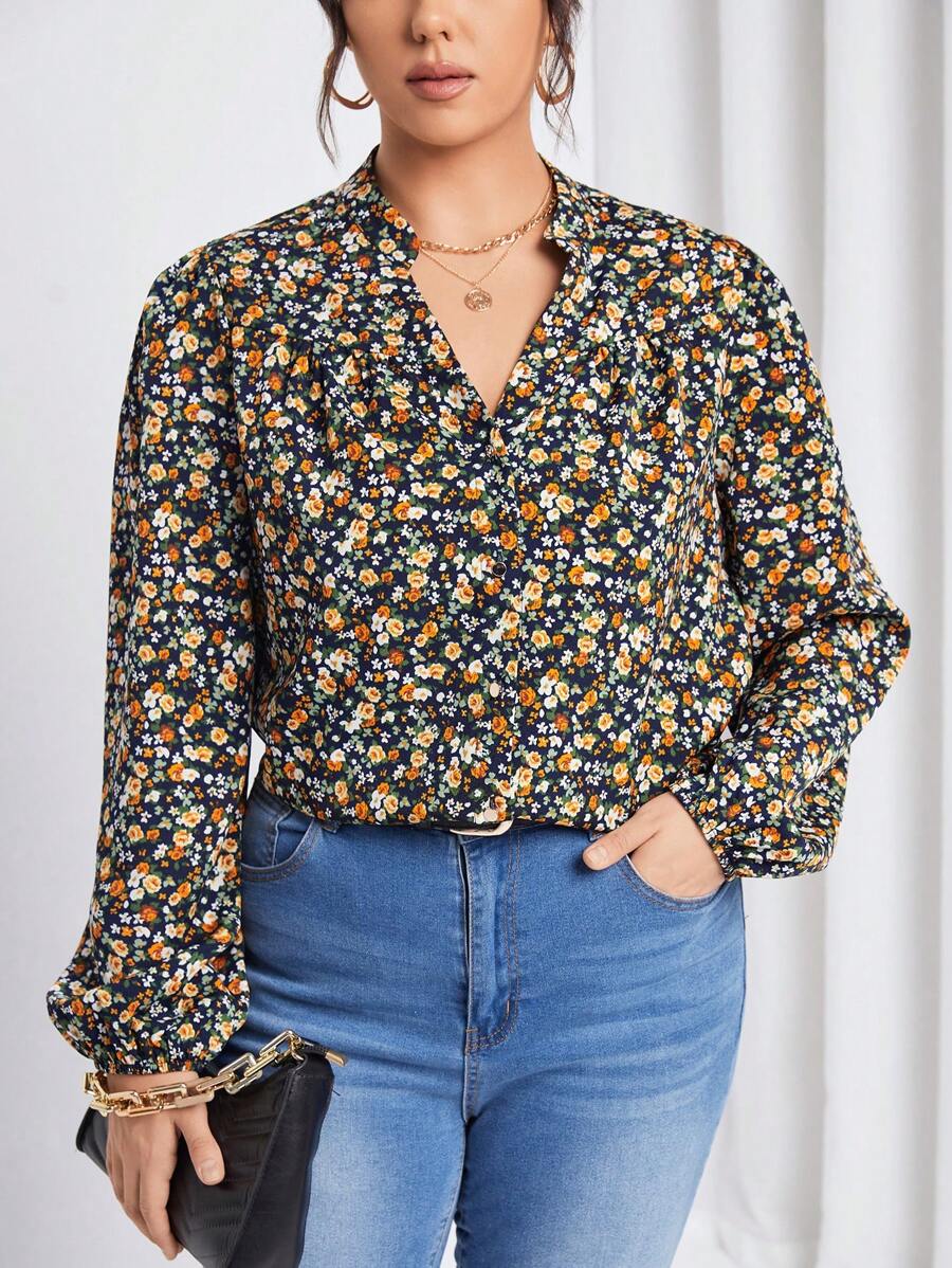 SHEIN Frenchy 女裝大尺碼花朵印花襯衫 - 黃色 - 查看 1