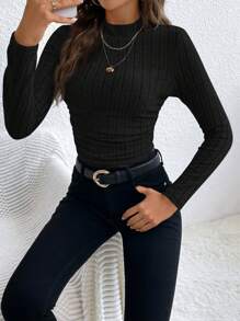 SHEIN Frenchy 高領肋花針織側邊捲縮黑色麻花紋潺潺TEE - 黑色 - 查看 6