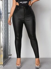 SHEIN Allurite Plus Size Sexy & Edgy Plain Color Pu Leather High Stretch Skinny Pants Plus Size Pants Basic Style Autumn Skinny Pants Casual Style Fall Pants For Women - Black - View 4
