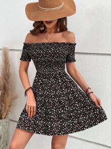 SHEIN VCAY Hoa Lộn xộn In Off Shoulder Thiết kế Ruched Đầm - màu đen - Xem 4