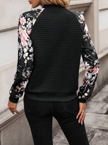 SHEIN LUNE Floral Print Raglan Sleeve Bomber Jacket - Black - View 2