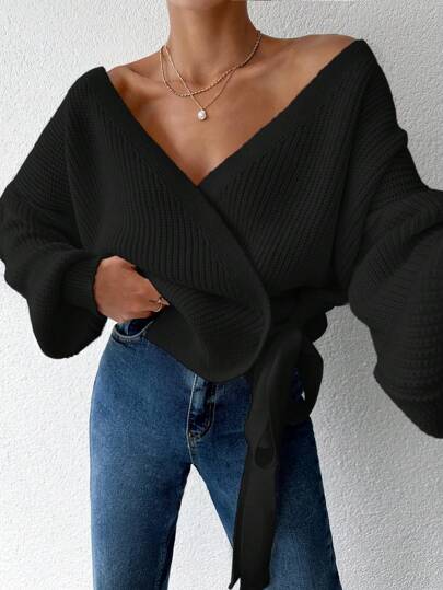 EURMUSE Women's Solid Color Wrap Lace-P Sweater, Casual, Dailywear