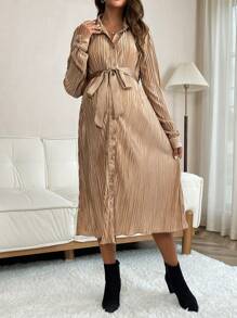 SHEIN Maternity Textured Button Front Belted Shirt Dress - Khaki - View 6