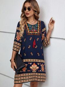 EMERY ROSE Vestido De Verano Con Cuello De Cordón Floral Y Borlas En Azul