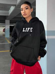 SHEIN EZwear 標語和人物圖案落肩袖連帽衫 - 黑色 - 查看 2