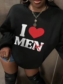 Slaydiva Women's Casual Heart Slogan Printed Round Neck Casual Pullover Sweatshirt - Black - View 3