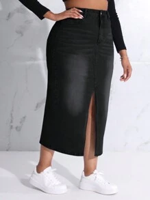 SHEIN SXY 大碼高腰高衩牛仔半身裙 - 黑色 - 查看 4