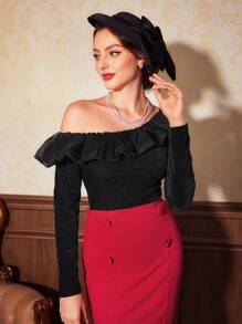 SHEIN DECDS 女式不对称领口和蕾丝边上衣 - 黑色 - 查看 7