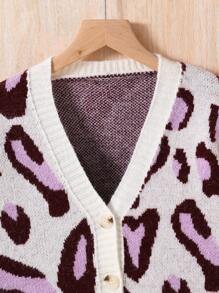 SHEIN Tween Girl Leopard Pattern Drop Shoulder Cardigan - Mauve Purple - View 4
