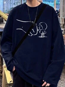 Men Cartoon Graphic Drop Shoulder Tee - Navy Blue - View 1