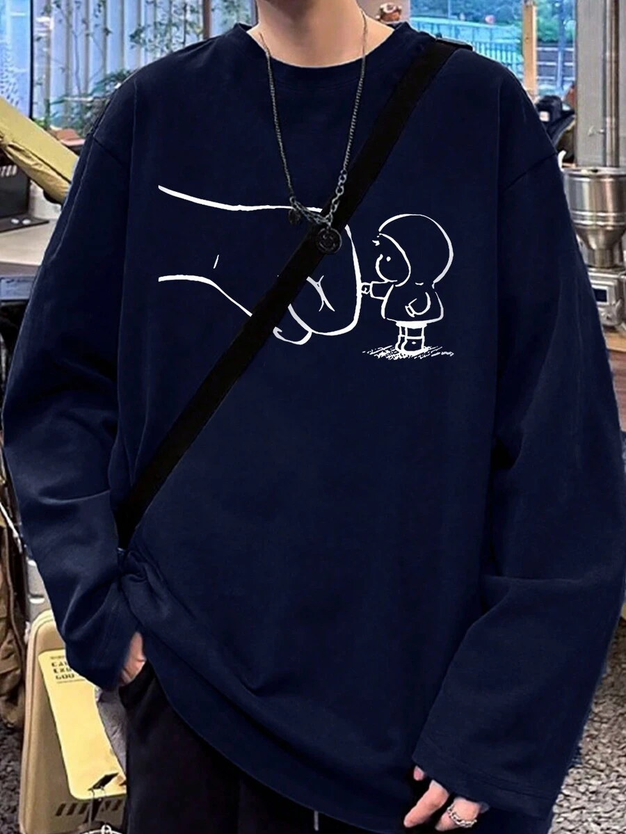 Men Cartoon Graphic Drop Shoulder Tee - Navy Blue - View 1