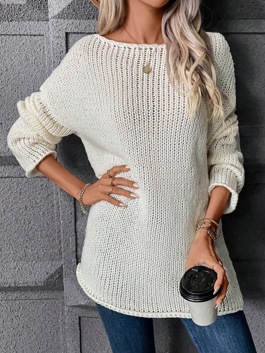 SHEIN Essnce Cổ thuyền Thả vai Áo len - trắng - Xem 1