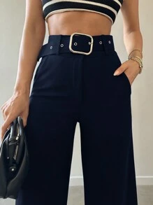 High Waist Belted Wide Leg Suit Pants