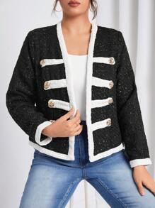 SHEIN Privé Plus Contrast Trim Button Detail Jacket - Black - View 1