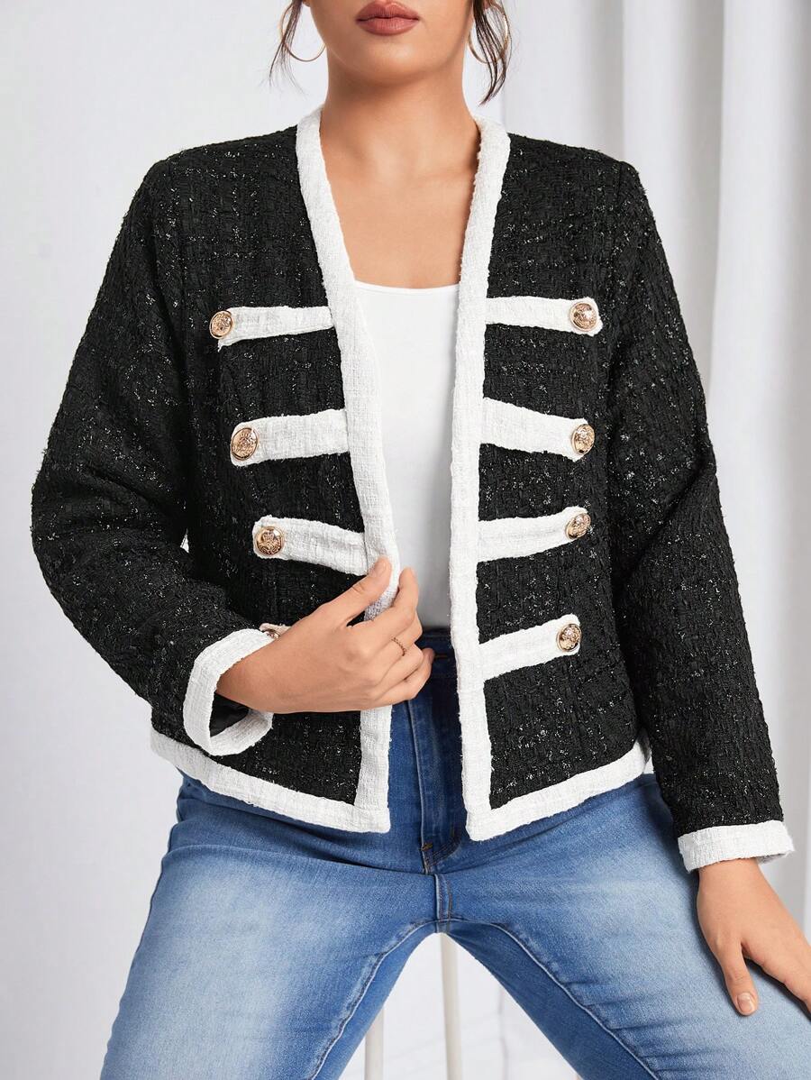 SHEIN Privé Plus Contrast Trim Button Detail Jacket - Black - View 1